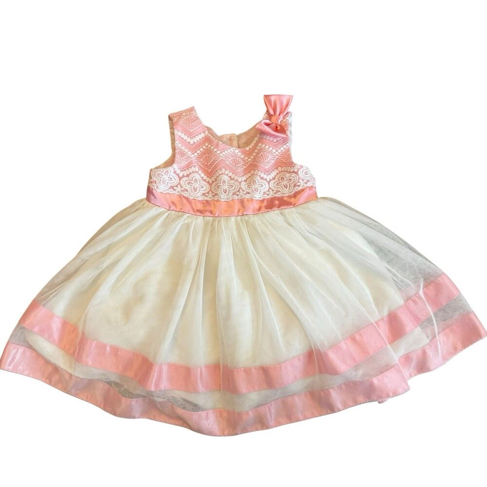Jona Michelle Pink & White Party Dress Tulle‎ Ribbon Embroidered Dress 18 Months